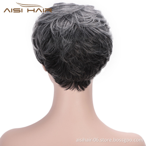 Aisi Hair Heat Resistant Fiber Straight Short Hair Bob Wigs with Neat Bangs Grey Mixed Black Short Bob Wigs for Women